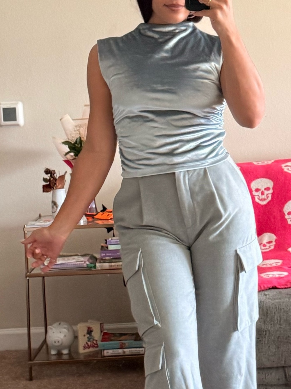 Abercrombie & Fitch Silver-Gray Velvet Mock Neck Top